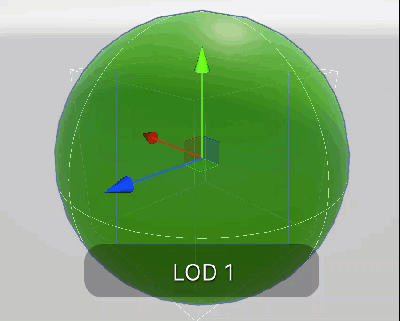 A sphere (LOD 1) blends smoothly into a cube (LOD 2) as the camera zooms out.