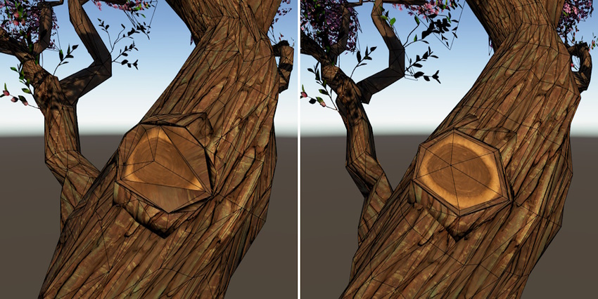 Left: automatically generated LOD, 18469 triangles. Right: manually authored LOD, 18792 triangles.