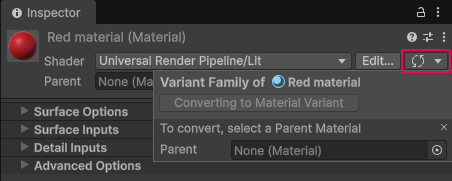 The Inspector window of a material with the foldout at the top-right selected, and the Material Hierarchy window open with the Parent property.