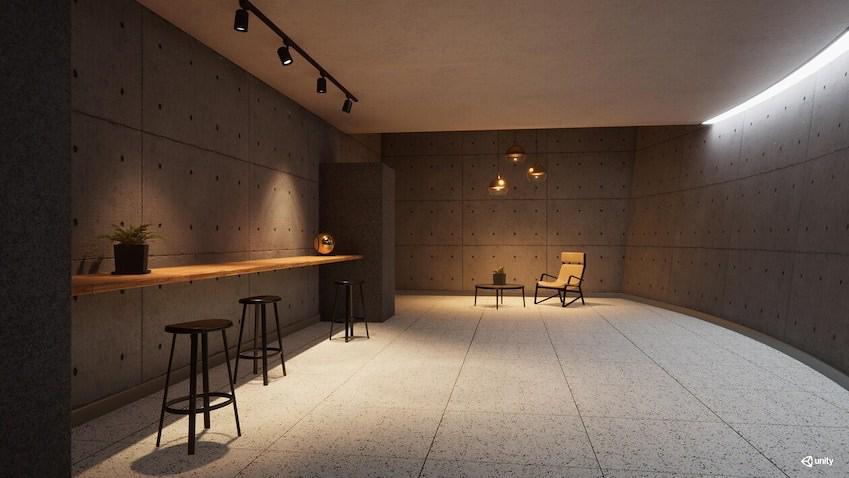 A scene with tables, chairs, and lights.