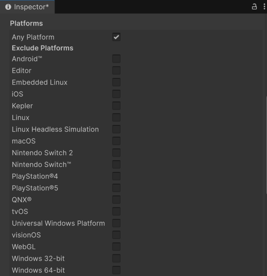 The Platforms section of the Assembly Definition importer Inspector window with Any Platform selected.