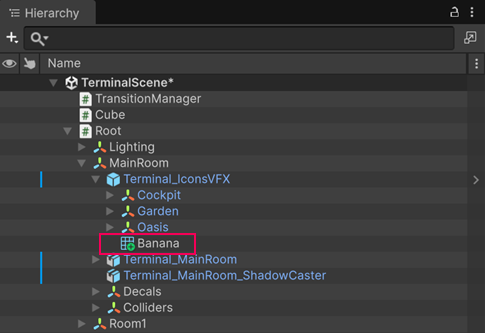 The Hierarchy window showing a prefab instance with a child GameObject called Banana added as an override.