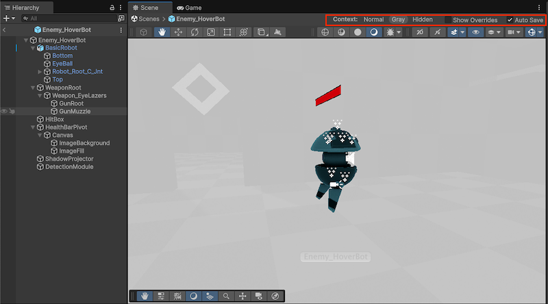 The Scene view and Hierarchy with prefab editing mode in context, and the Context set to Gray. The prefab options are highlighted.