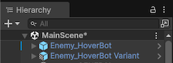 An Enemy HoverBot prefab, and a variant of that prefab viewed in the Hierarchy window.