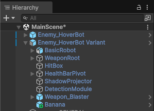 An enemy bot variant prefab, with a nested Weapon Blaster prefab, and a recently added Banana prefab override.