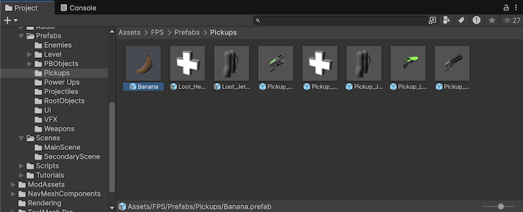 A selection of prefabs in the Project window.