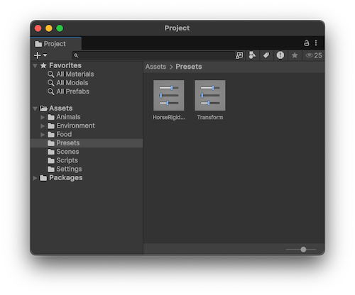 Example of Preset assets in the Project window, organized in a Presets subfolder