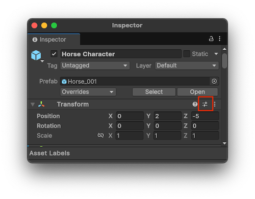 The Preset slider icon on a Transform component in the Inspector window.