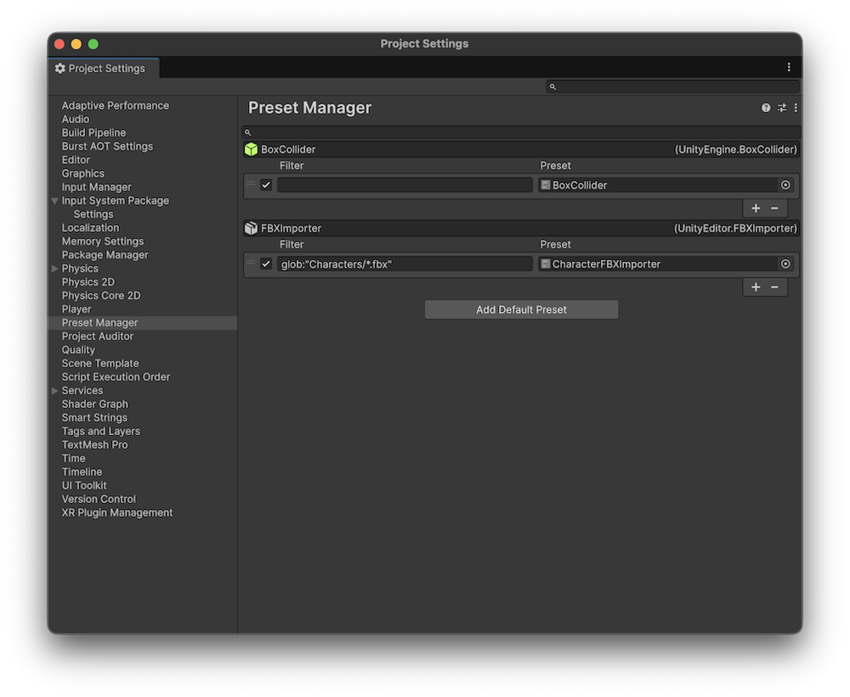 Preset Manager window