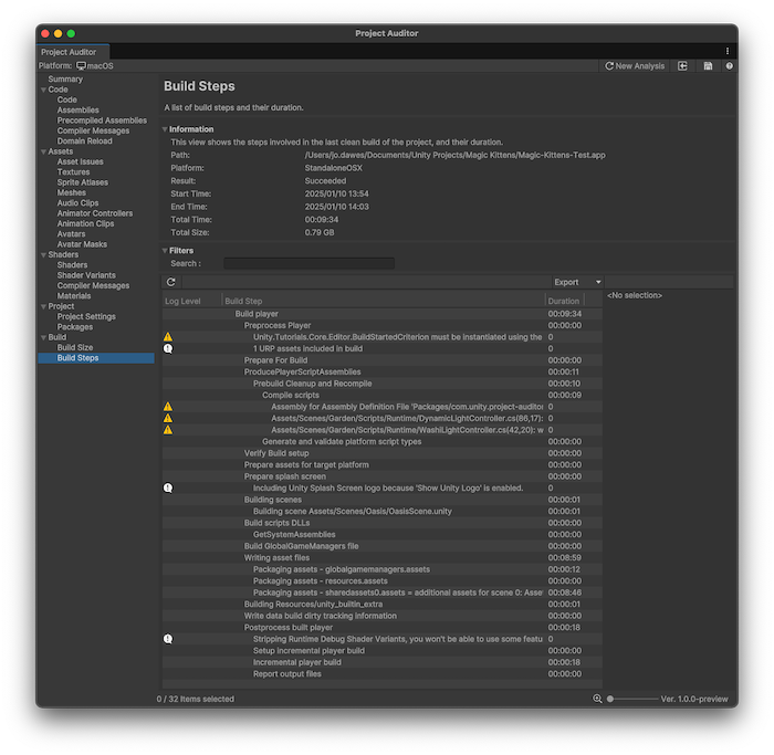 Project Auditor window with the Build Steps view open