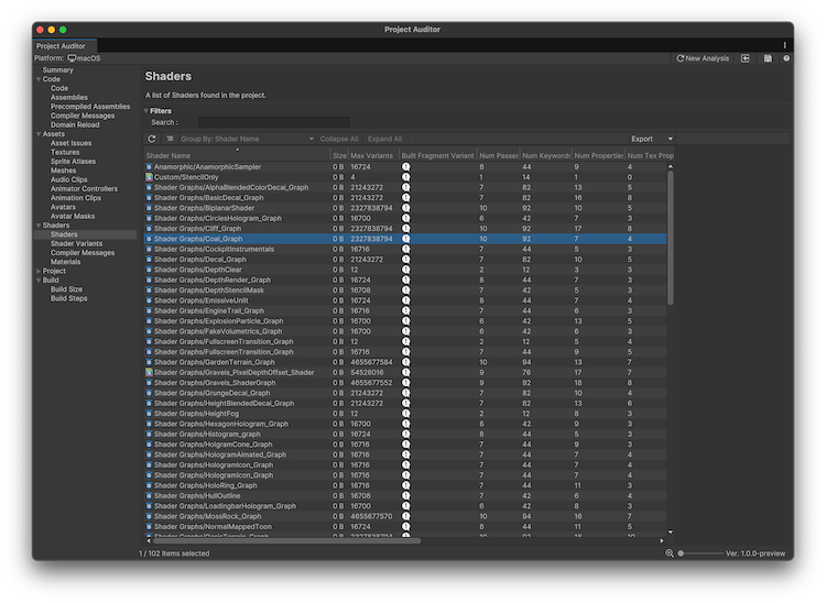 Project Auditor window with the Shaders view open