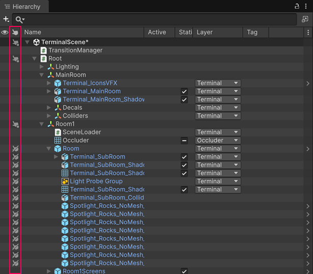 The Picking column and its icons in the Hierarchy window.