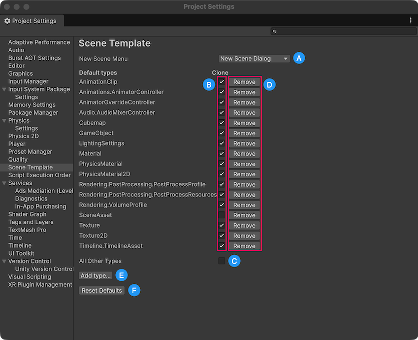 The Scene Template section of the Project settings window.
