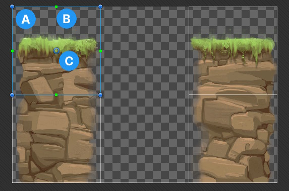 A detail from the Sprite Editor with a rock environment texture, sliced into four sprites. One sprite is selected.