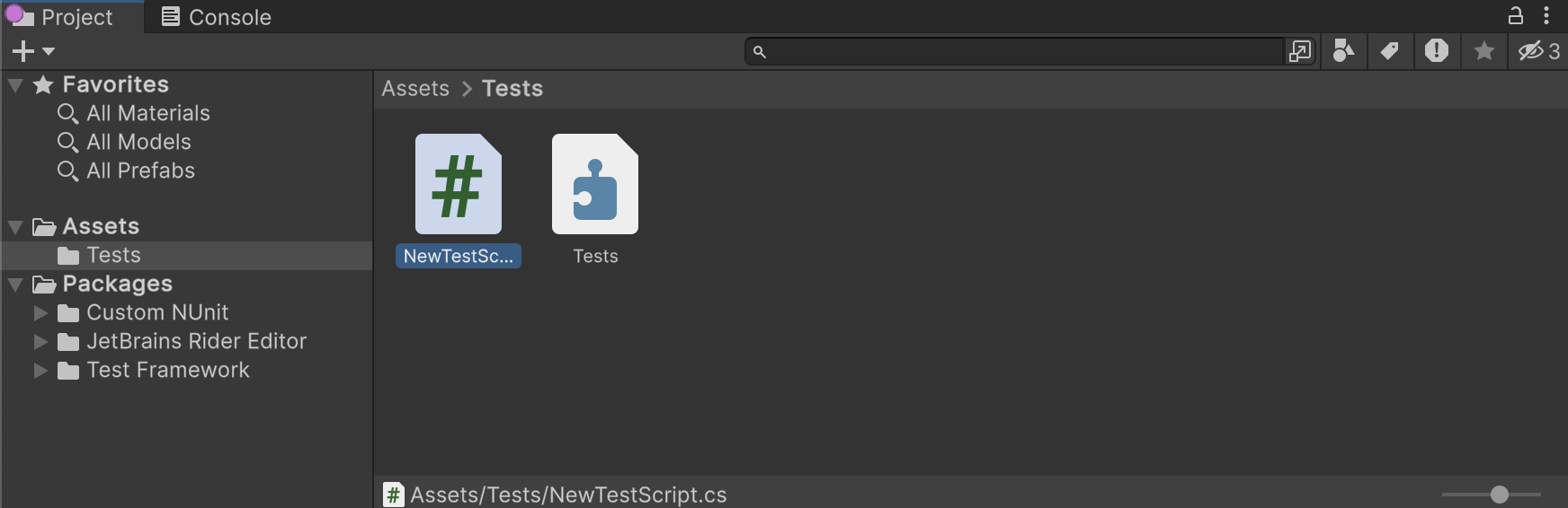 The Project window displays the newly created NewTestScript.cs file in the Tests subfolder of the Assets folder.