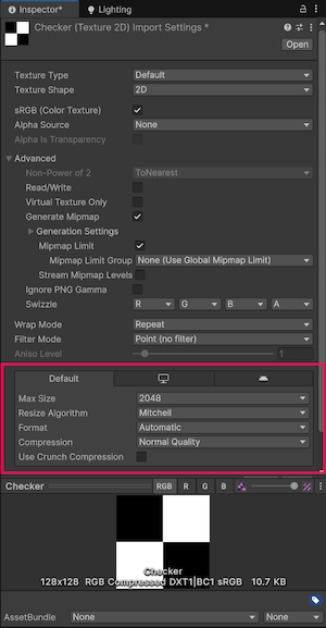 The Texture Import Settings window with the panel of tabs at the bottom highlighted.