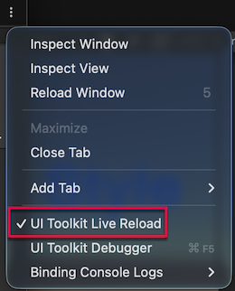 The menu to toggle live reload in an Editor window.