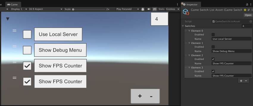 A list of custom switches, displayed in the Game view.