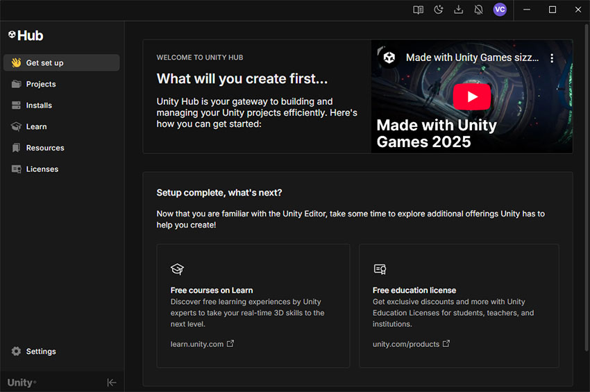 The Unity Hub window