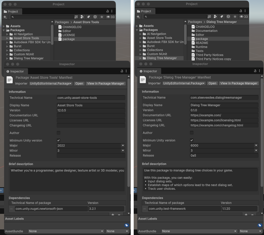 Registry package (immutable) on the left and an embedded package (mutable) on the right