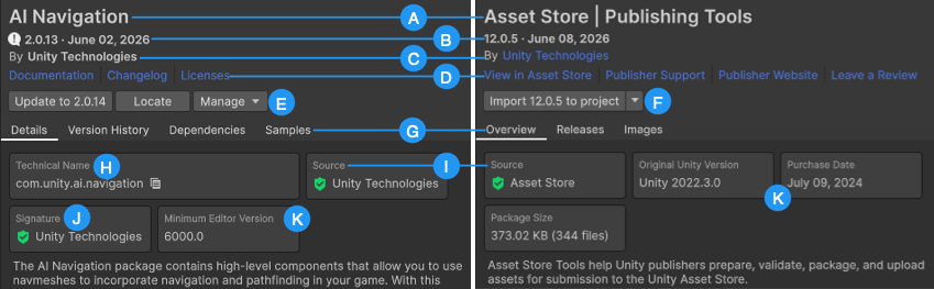 Package details for a Unity Package Manager (UPM) package (left) and an asset package (right)