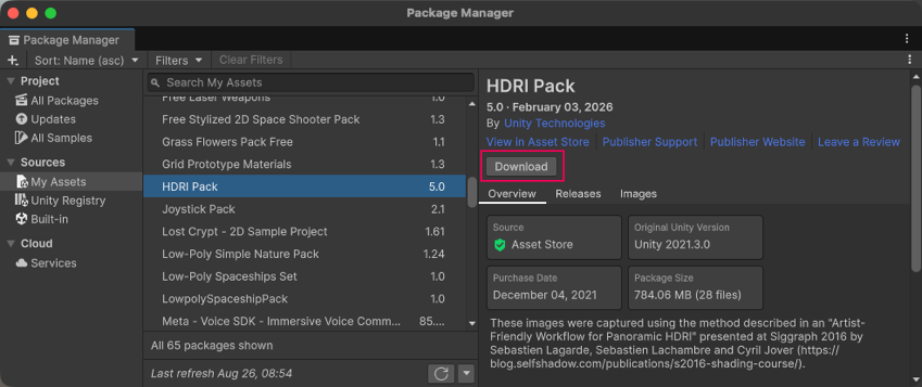 Download button in the details panel