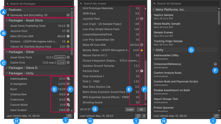 Packages and feature sets installed in your project (left), packages from My Assets (middle), and samples (right).