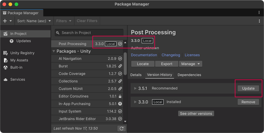 A package installed from a local folder, with the option to update to a higher version