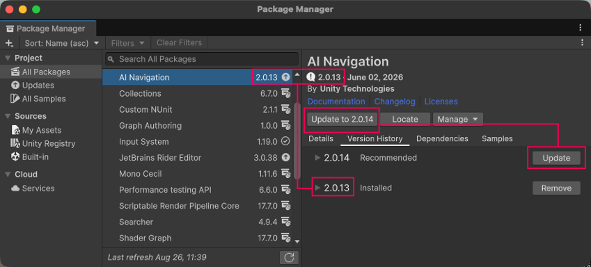Version numbers for installed packages display in multiple places and the recommended version appears in the Manage dropdown