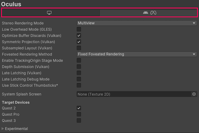 Oculus provider plug-in settings with the build tab highlighted.