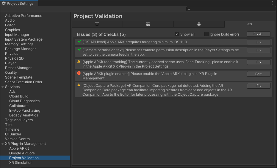 The Project Validation section of the XR Plug-in Management settings.