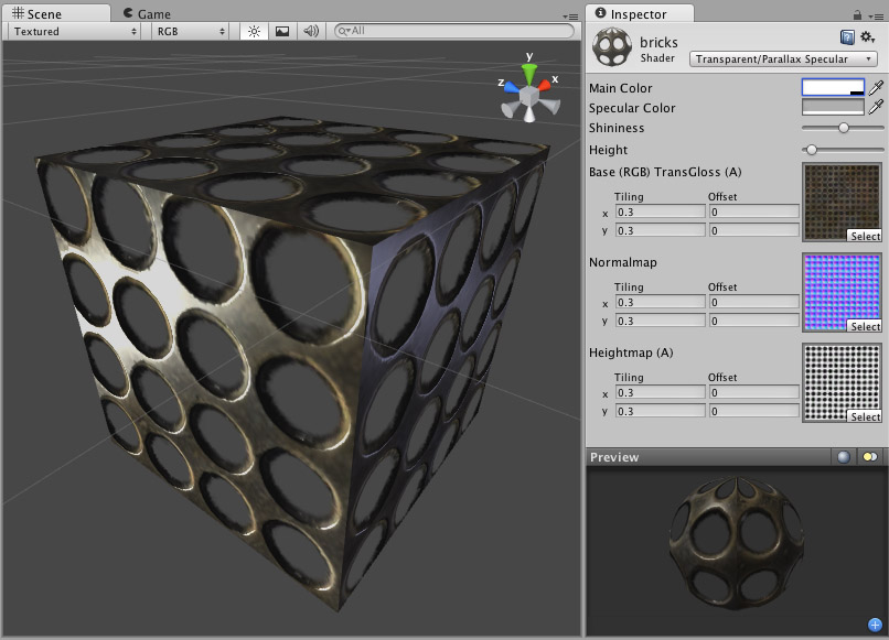 Example of a shader using transparency, parallax normal map, and a hight map.