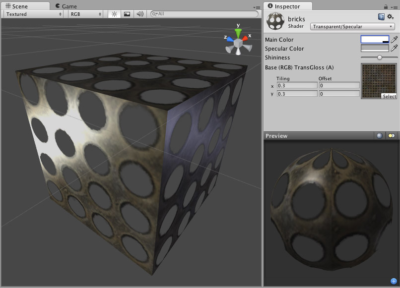 Example of a shader with a Specular Color property using a texture with transparency.