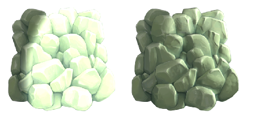 Left: A rock with Normal Map set to disabled. The light is bright and flat. Right: The same rock with Normal Map set to enabled. The light highlights cracks and crevices.