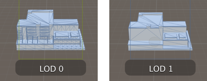 At LOD 0, the Camera shows a mesh with a large number of small triangles. At LOD 1, the Camera shows the mesh with far fewer triangles, which are much larger in size.