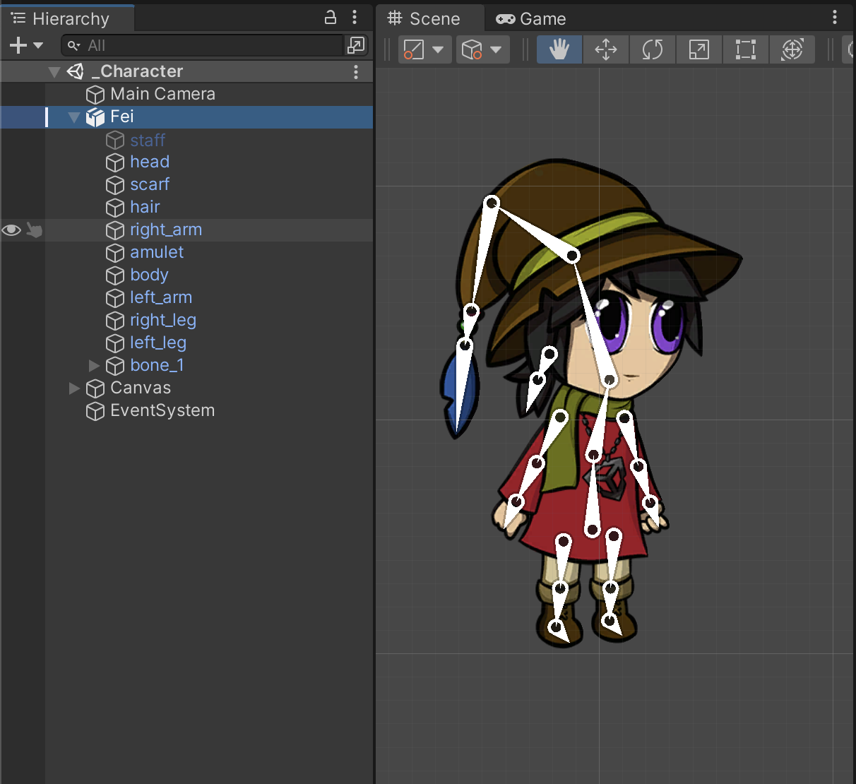 The Scene view with the character sprite, with each bone shown in white. The Hierarchy window lists the meshes.