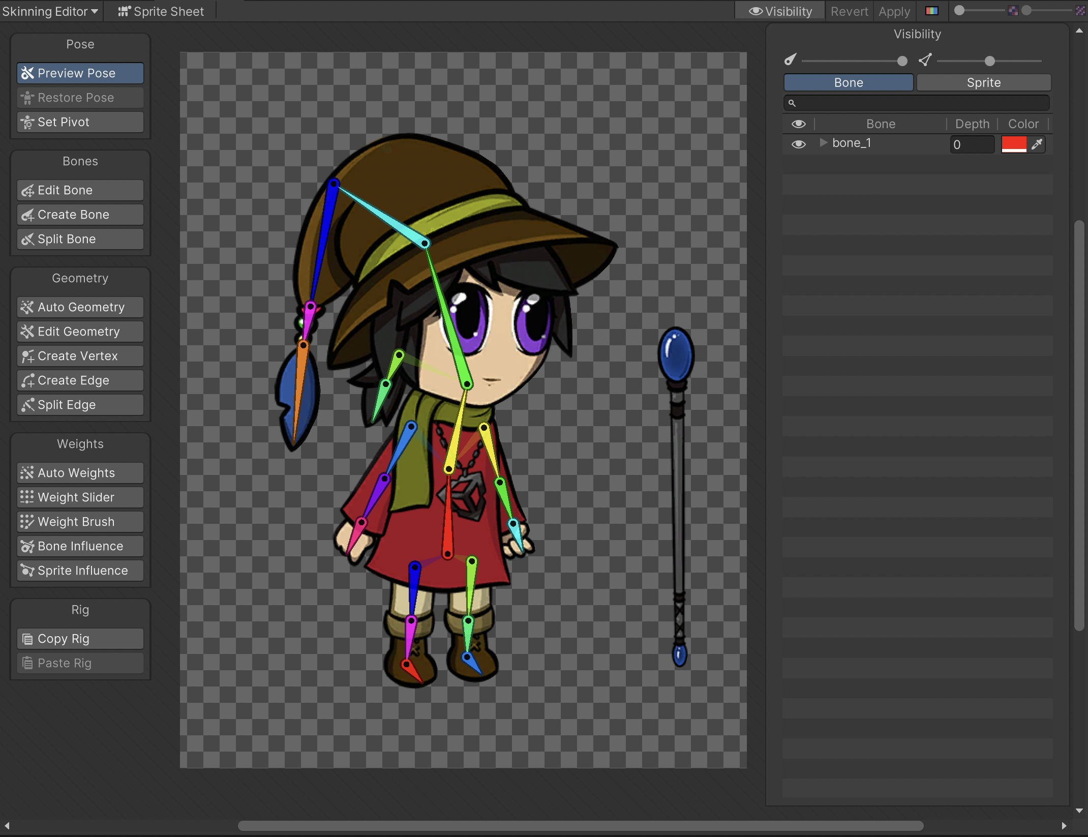 The Skinning Editor with the human character sprite open. Each bone is a different color.