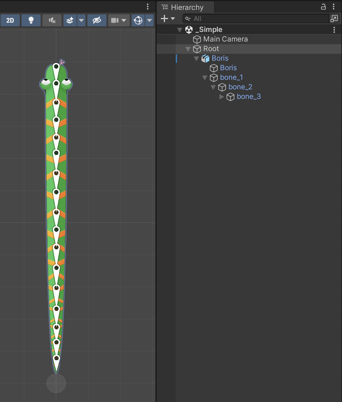 The Boris sprite, with its nested tree of bones displayed in the Hierarchy window.