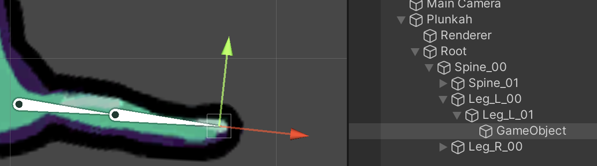 The empty Transform selected in the Hierarchy window, and positioned in the Scene view so it's at the tip of the last bone.