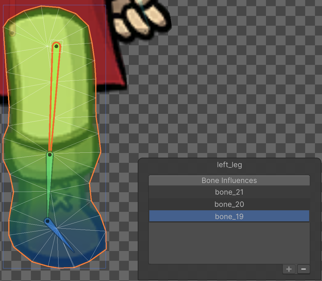 The Bone Influences panel, next to the leg of a model that has three bones.