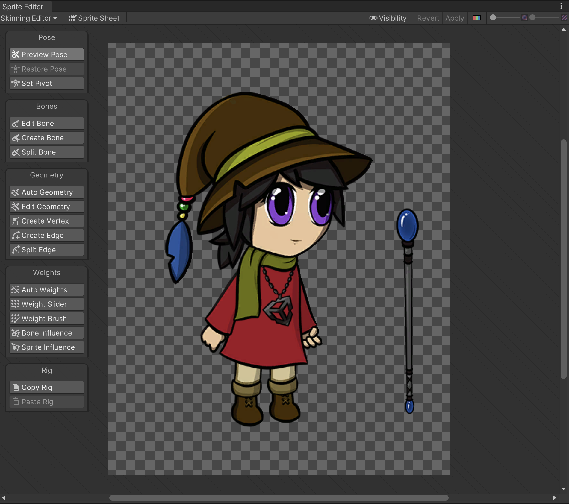 An actor in the Skinning Editor with the different panels of tools available.