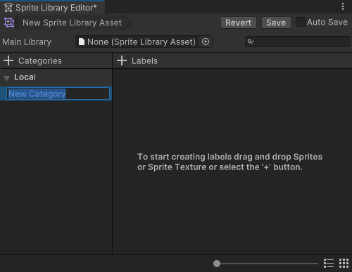 The Sprite Library Editor. The Categories column is on the left, and a new Category is being created.