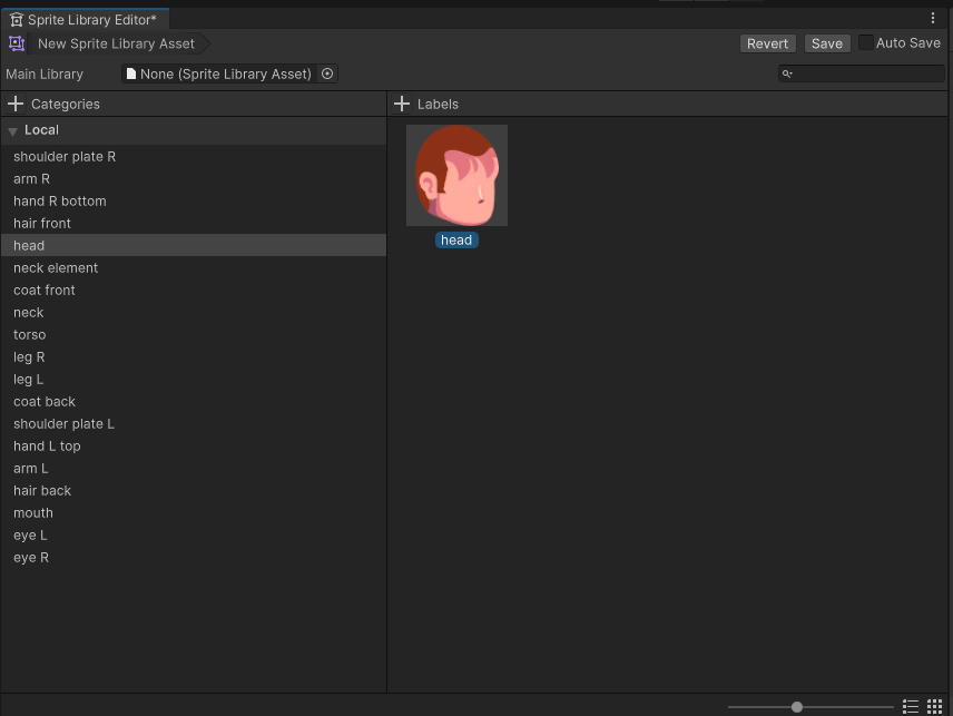 The Sprite Library Editor with a head sprite added to the Labels column.