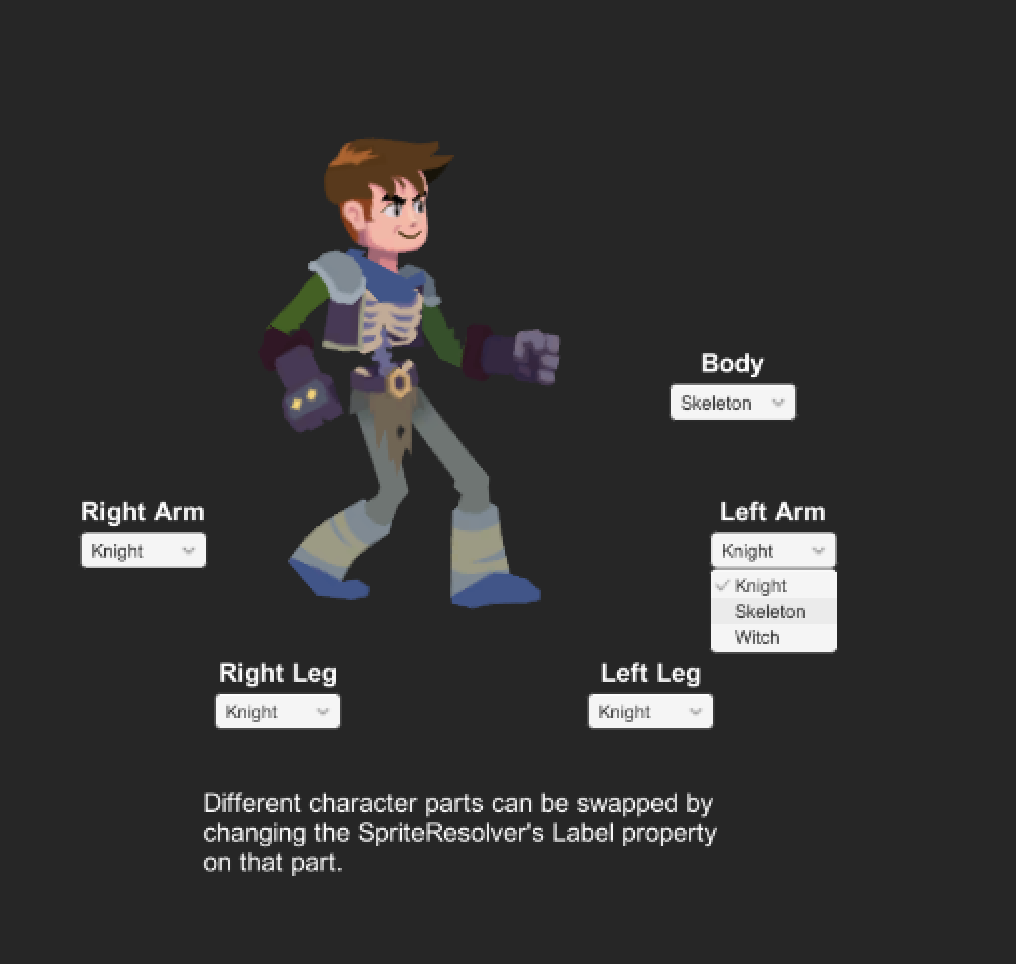 A knight character with dropdowns for his various body parts. Different character parts can be swapped by changing the SpriteResolver's Label property on that part.