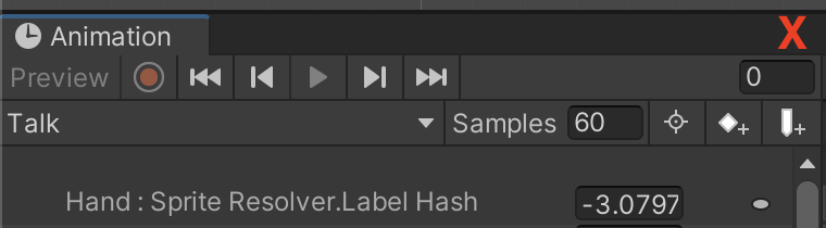 The Animation window with an incorrect Animation Clip setup where the Animation Clip contains only the Label hash, but not a Category hash.