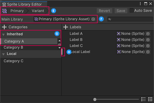 The Variant window. The breadcrumb trail (E) and main library (F) are at the top. The list of inherited categories (G) is on the left. In the Labels section, one label has a white line (H) that indicates an override.