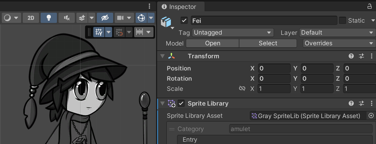The Sprite Library Asset property is set to the grayscale version of the original Sprite Library Asset and the actor's Sprites have switched accordingly.