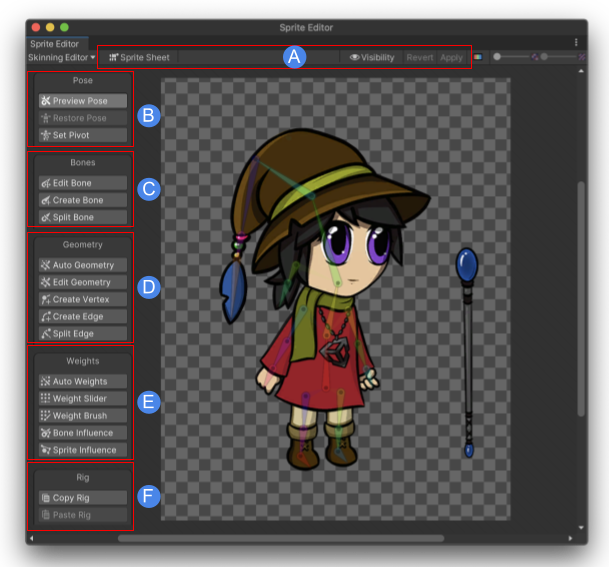 The Skinning Editor window. The Editor toolbar is at the top, and the tools in a column on the left.