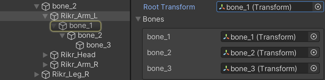 GameObject Transform components with the names bone_1, bone_2 and bone_3.