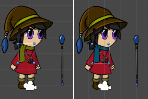 Example character wearing a green scarf in the left-hand image, and a blue scarf in the right-hand image.